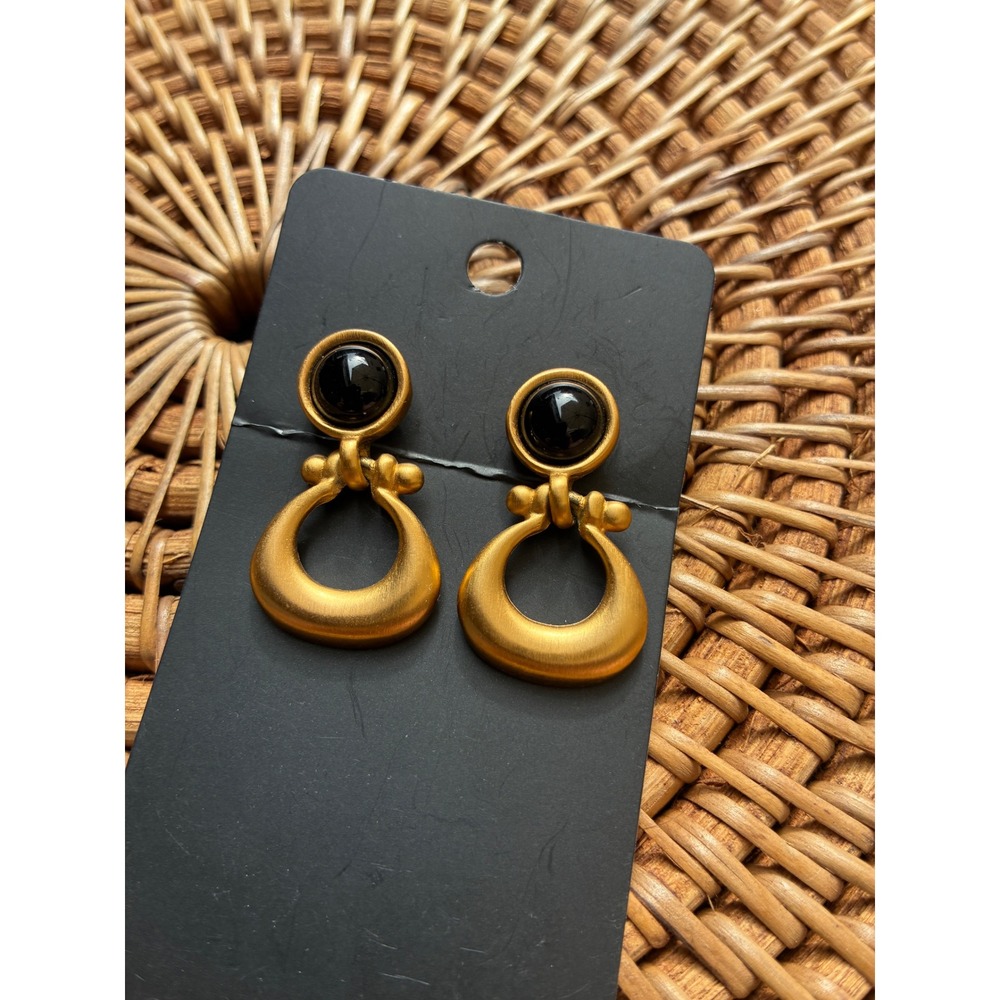 Vintage Anne Klein Gold Tone Black Cabochon Door Knocker Drop Earrings AK